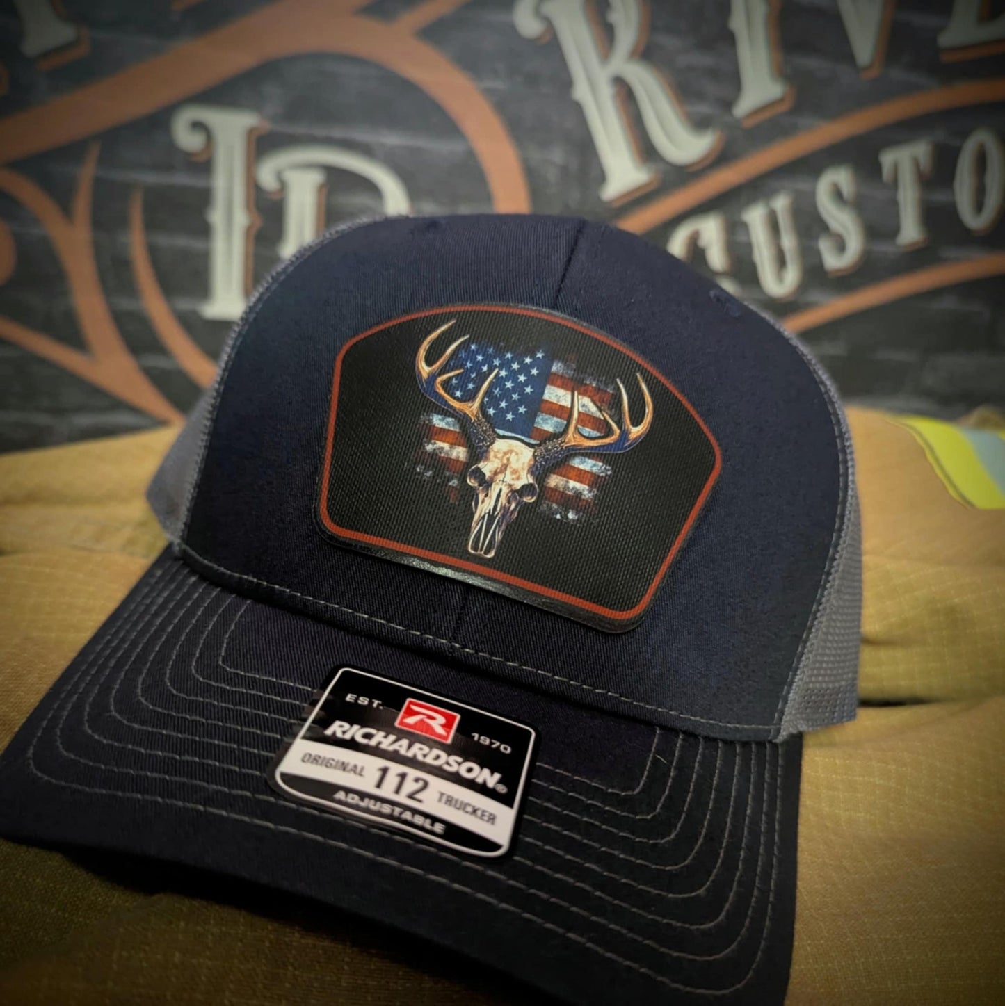 Patriotic Buck Leather Patch Hat Deer Skull and Flag