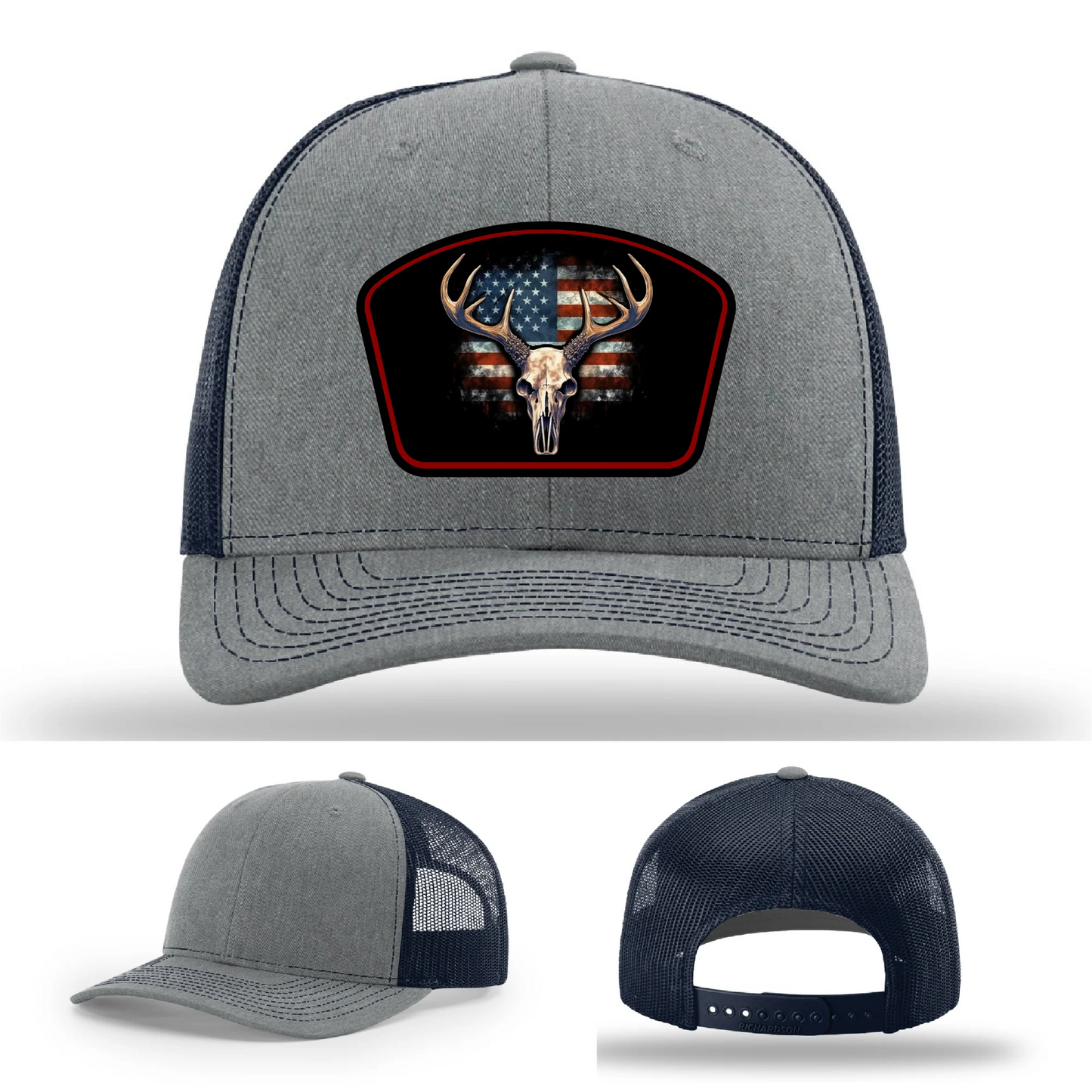 Patriotic Buck Leather Patch Hat Deer Skull and Flag