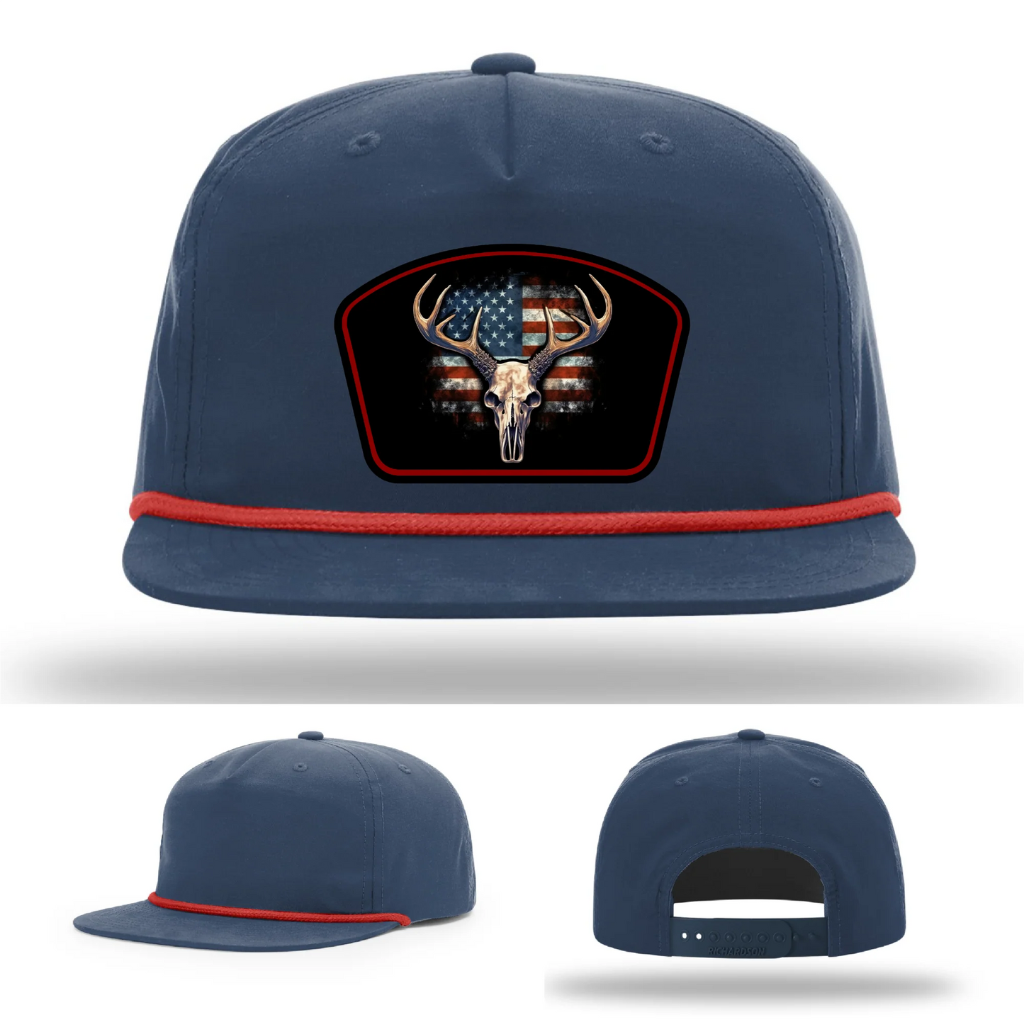 Patriotic Buck Leather Patch Hat Deer Skull and Flag