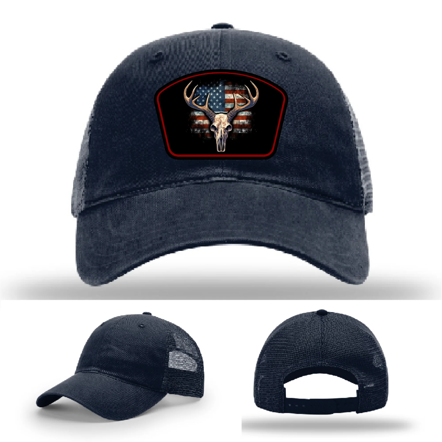 Patriotic Buck Leather Patch Hat Deer Skull and Flag