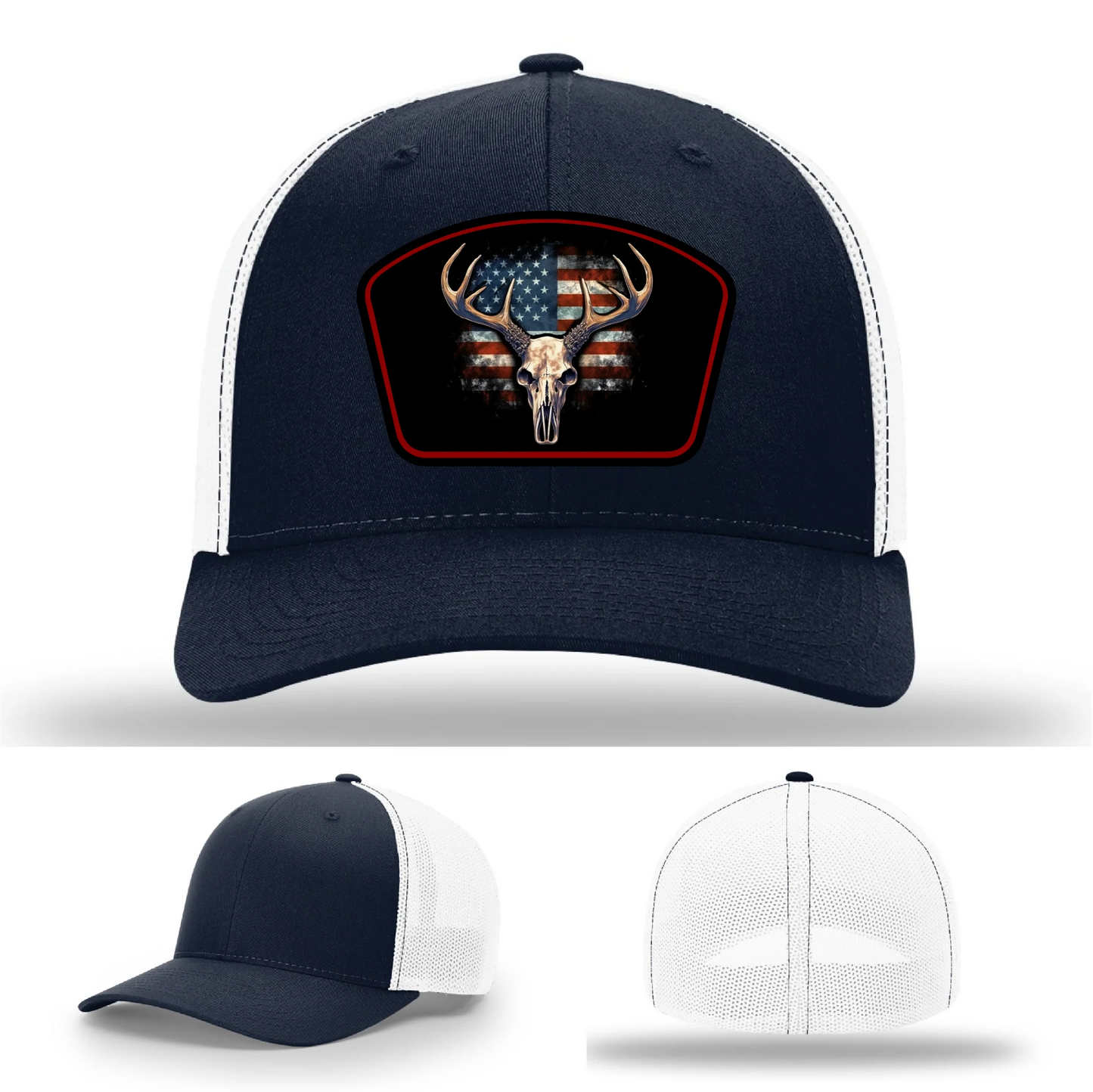 Patriotic Buck Leather Patch Hat Deer Skull and Flag