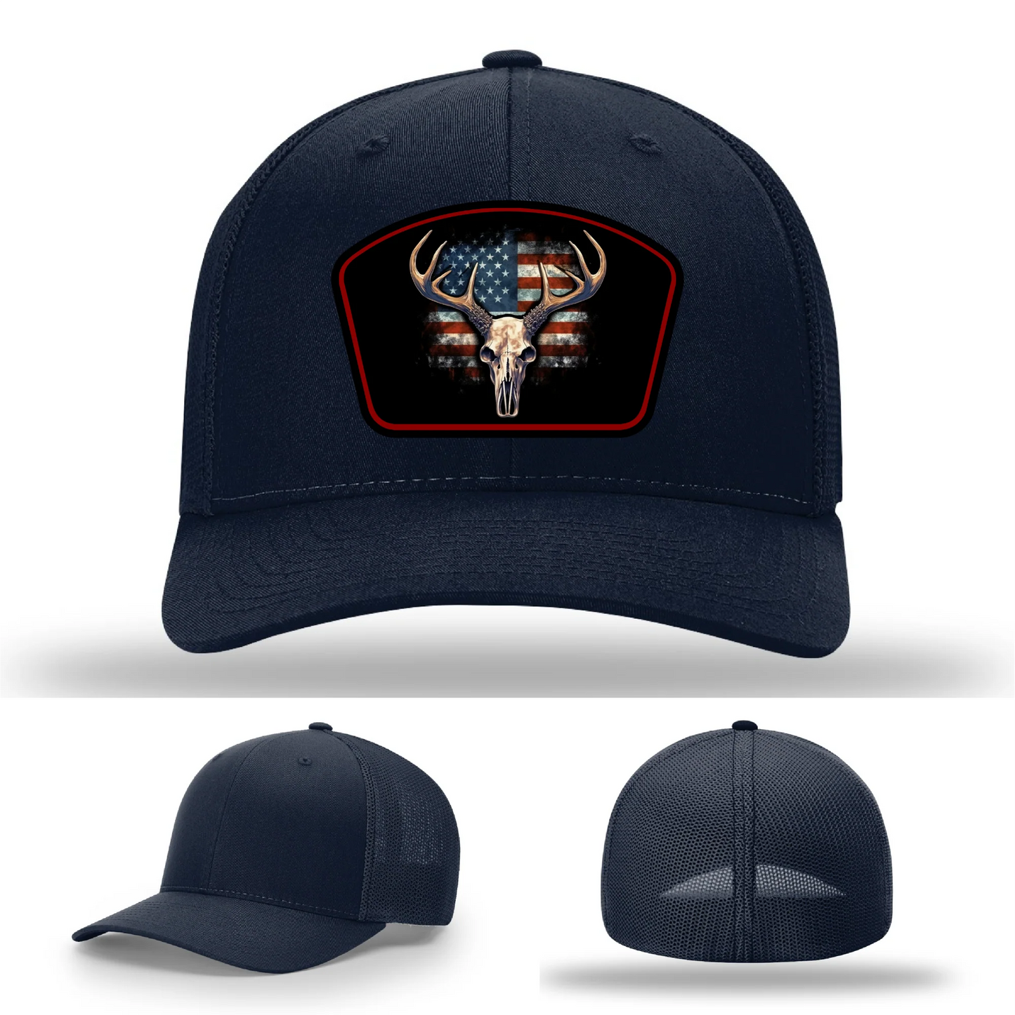 Patriotic Buck Leather Patch Hat Deer Skull and Flag