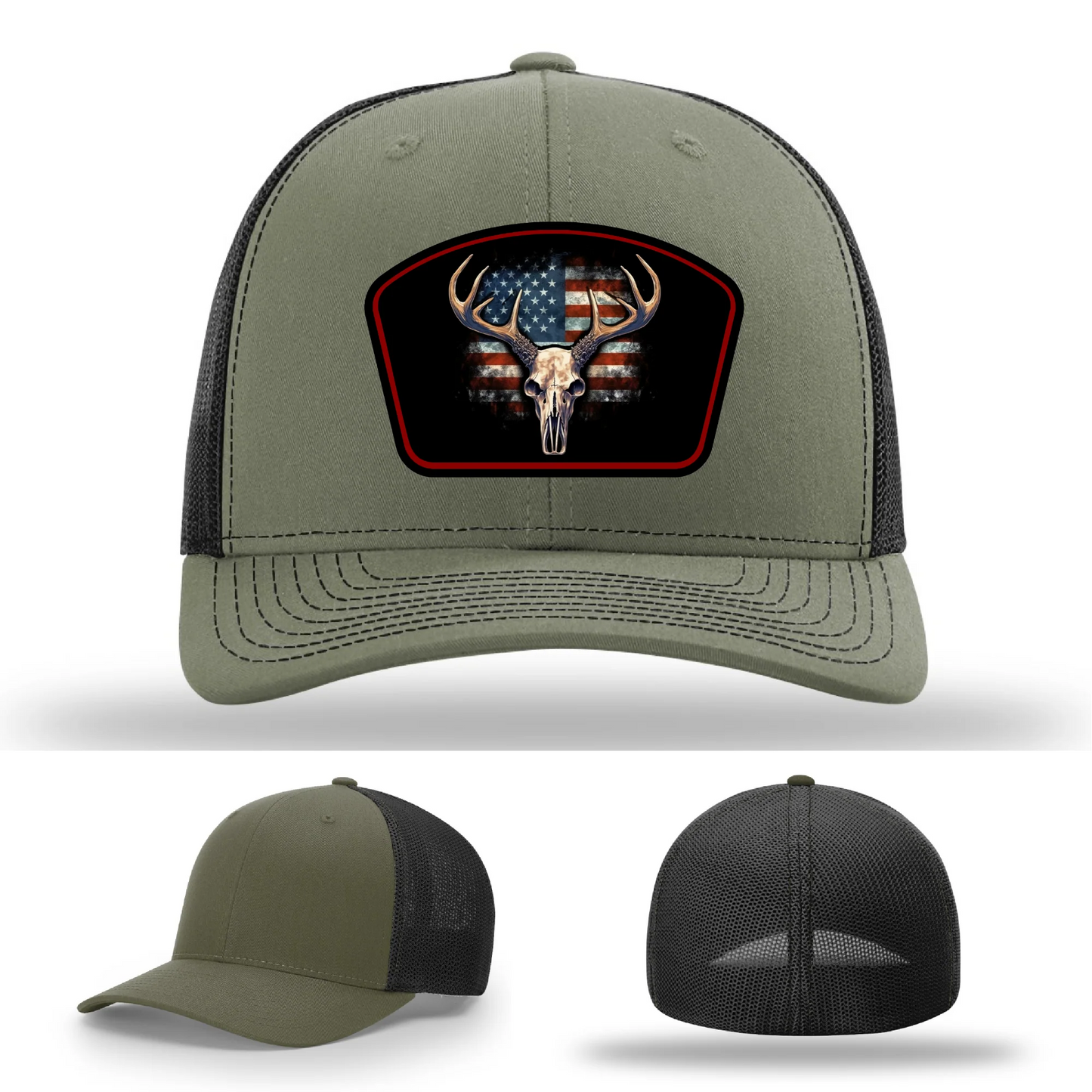 Patriotic Buck Leather Patch Hat Deer Skull and Flag