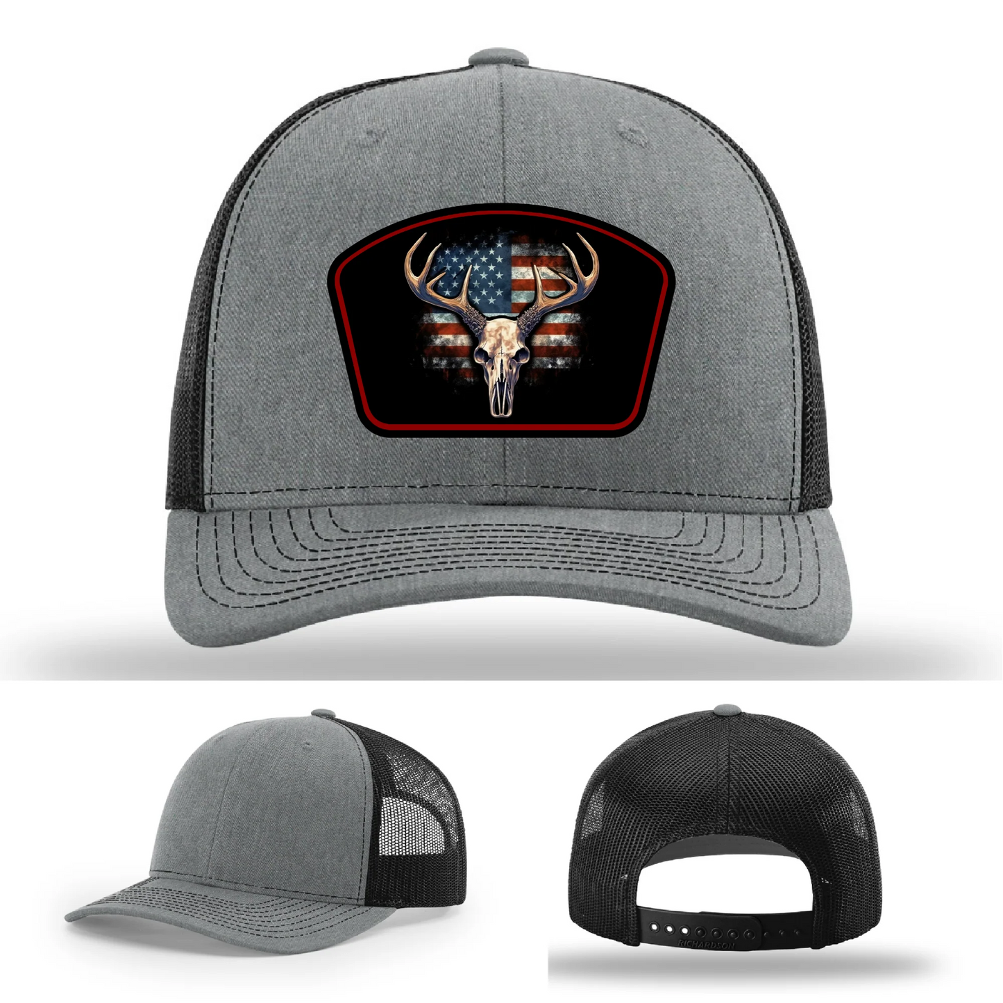 Patriotic Buck Leather Patch Hat Deer Skull and Flag