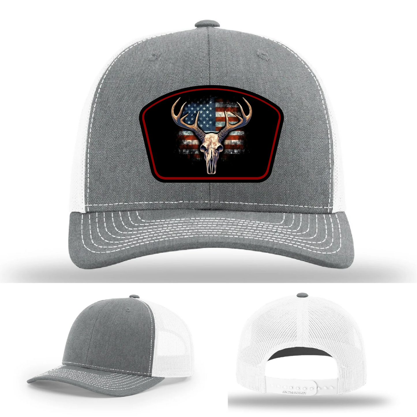 Patriotic Buck Leather Patch Hat Deer Skull and Flag