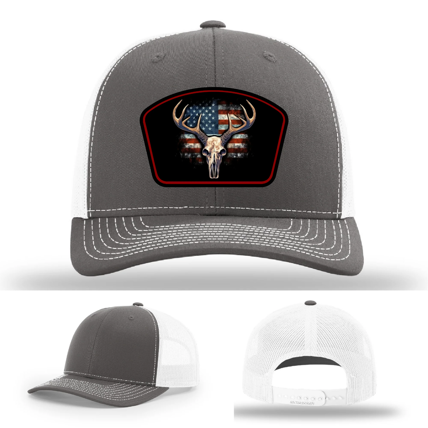 Patriotic Buck Leather Patch Hat Deer Skull and Flag