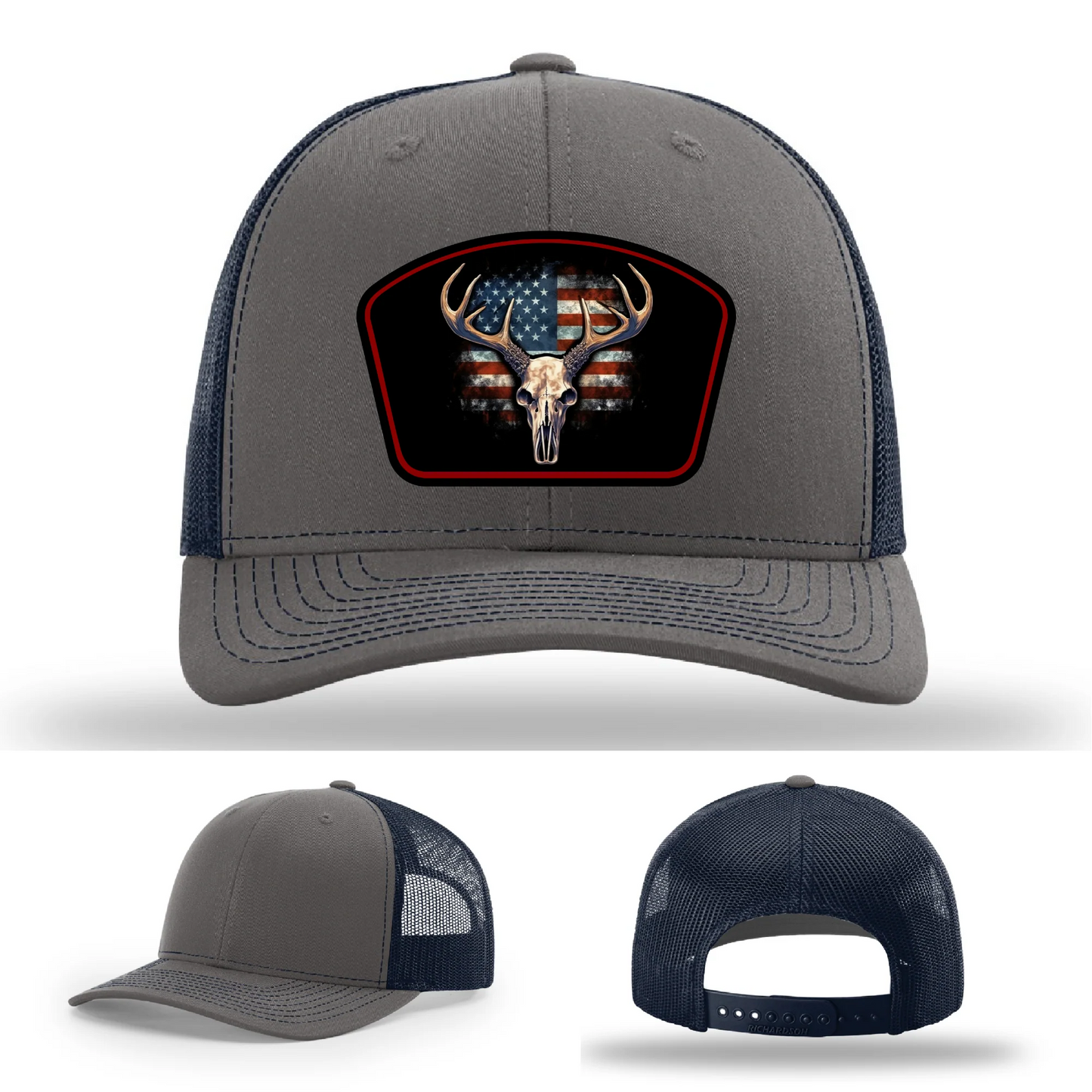 Patriotic Buck Leather Patch Hat Deer Skull and Flag