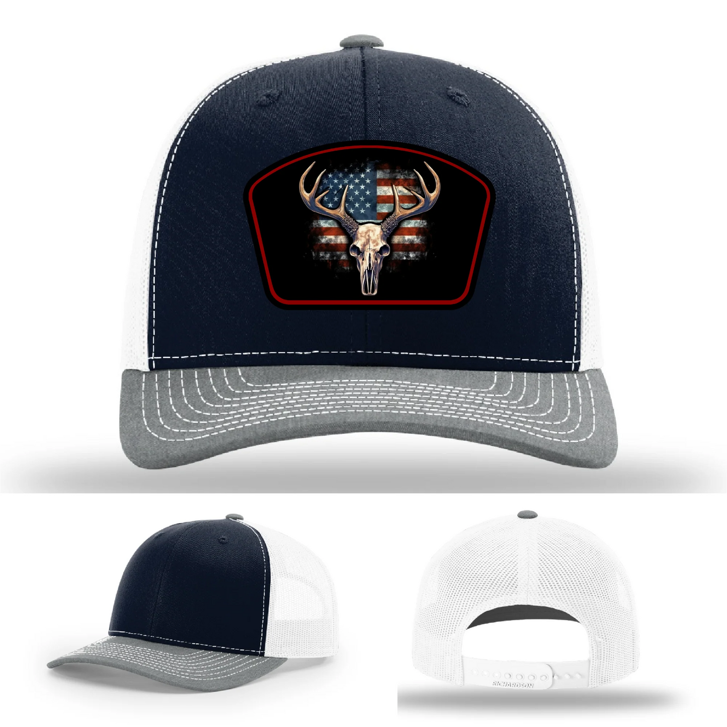 Patriotic Buck Leather Patch Hat Deer Skull and Flag