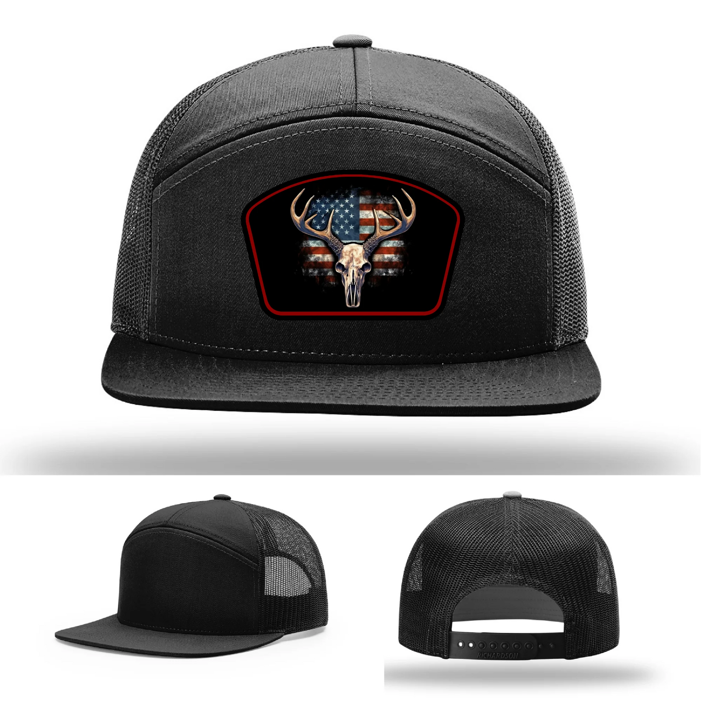Patriotic Buck Leather Patch Hat Deer Skull and Flag
