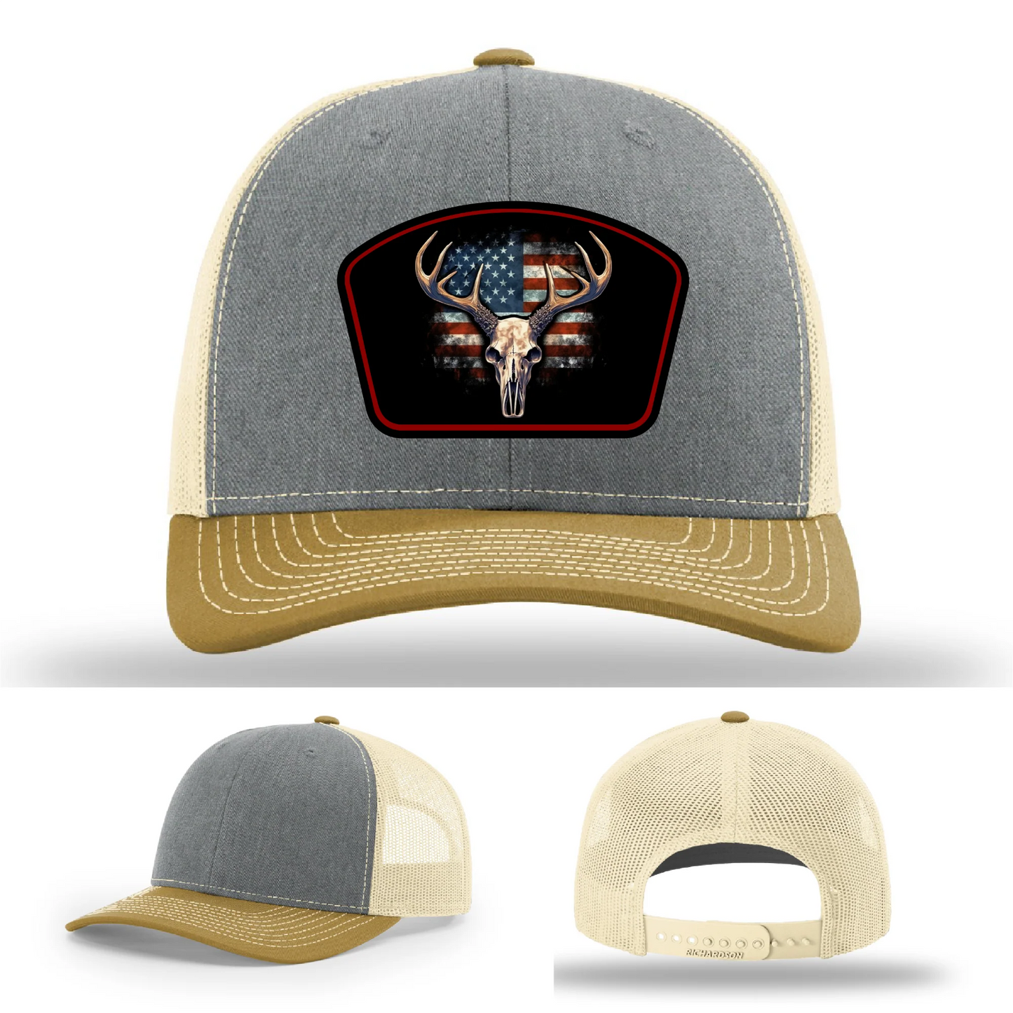 Patriotic Buck Leather Patch Hat Deer Skull and Flag
