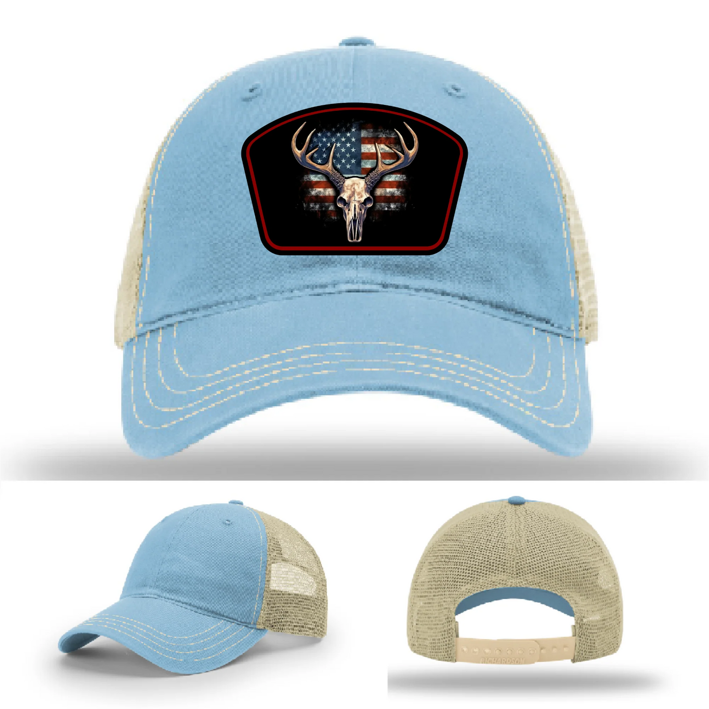 Patriotic Buck Leather Patch Hat Deer Skull and Flag
