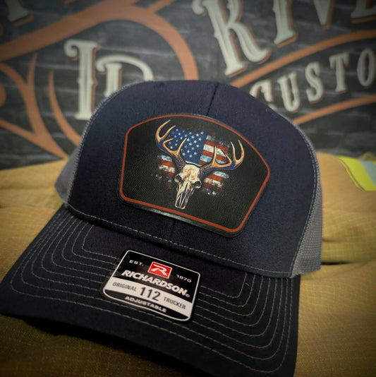 Patriotic Buck Leather Patch Hat Deer Skull and Flag