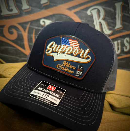 Support Blue Collar Leather Patch Hat American Flag Design
