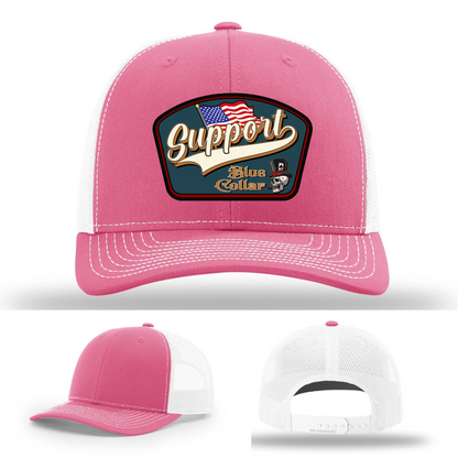 Support Blue Collar Leather Patch Hat American Flag Design