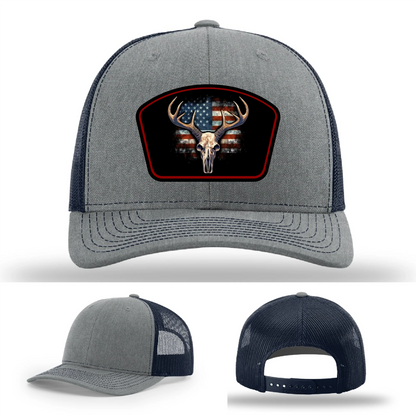 Patriotic Buck Leather Patch Hat Deer Skull and Flag