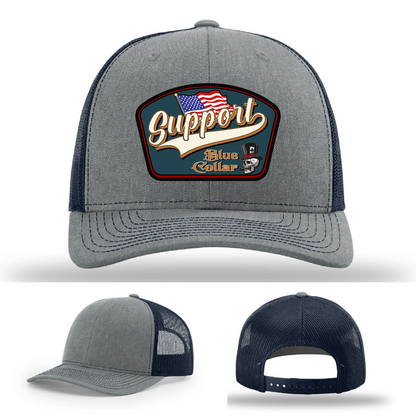 Support Blue Collar Leather Patch Hat American Flag Design