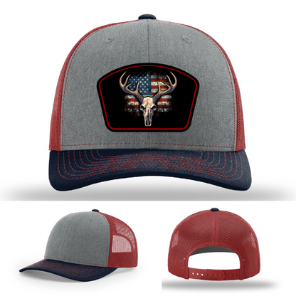 Patriotic Buck Leather Patch Hat Deer Skull and Flag