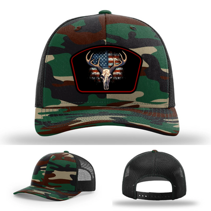 Patriotic Buck Leather Patch Hat Deer Skull and Flag