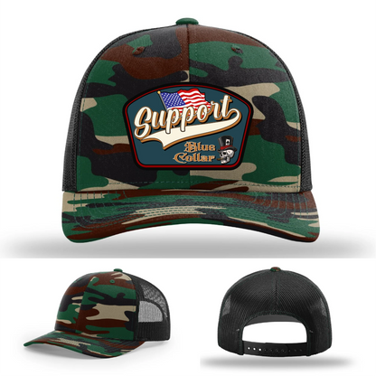 Support Blue Collar Leather Patch Hat American Flag Design
