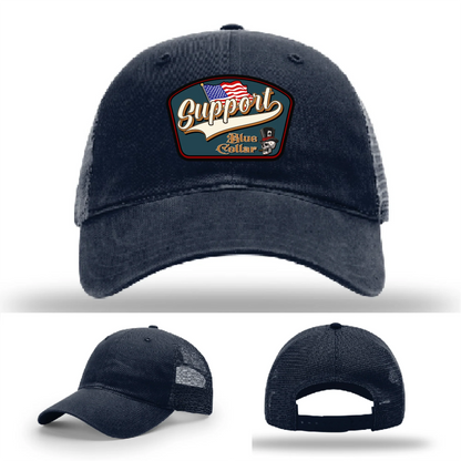 Support Blue Collar Leather Patch Hat American Flag Design