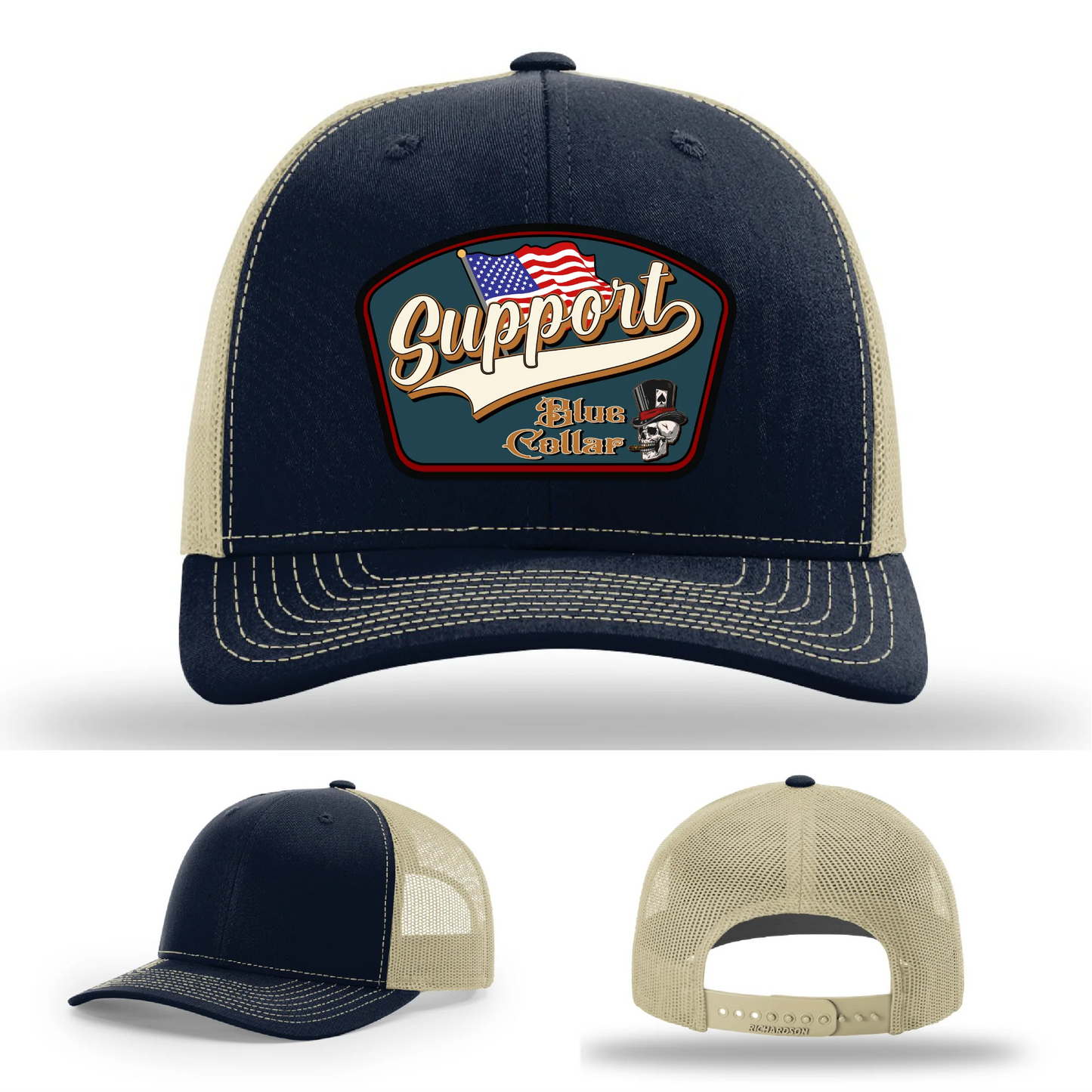 Support Blue Collar Leather Patch Hat American Flag Design