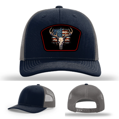 Patriotic Buck Leather Patch Hat Deer Skull and Flag