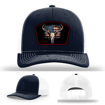Patriotic Buck Leather Patch Hat Deer Skull and Flag