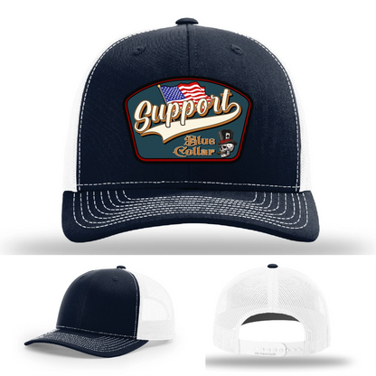 Support Blue Collar Leather Patch Hat American Flag Design