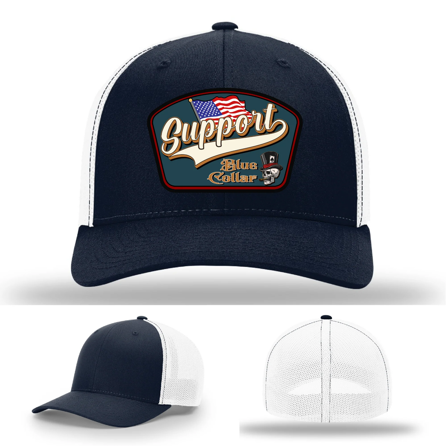 Support Blue Collar Leather Patch Hat American Flag Design