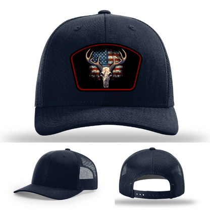 Patriotic Buck Leather Patch Hat Deer Skull and Flag