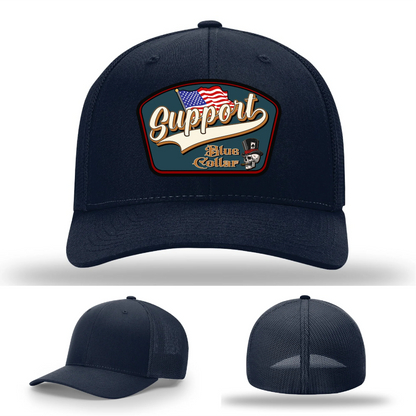 Support Blue Collar Leather Patch Hat American Flag Design