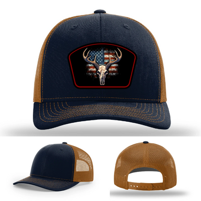 Patriotic Buck Leather Patch Hat Deer Skull and Flag
