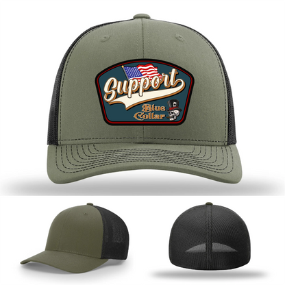 Support Blue Collar Leather Patch Hat American Flag Design
