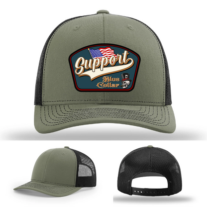 Support Blue Collar Leather Patch Hat American Flag Design