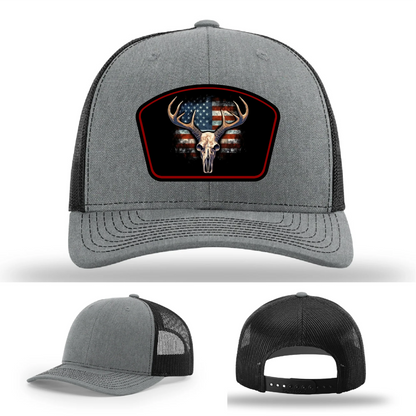 Patriotic Buck Leather Patch Hat Deer Skull and Flag