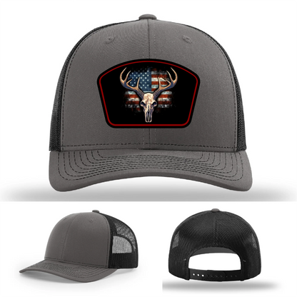 Patriotic Buck Leather Patch Hat Deer Skull and Flag