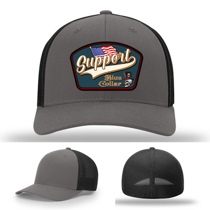 Support Blue Collar Leather Patch Hat American Flag Design