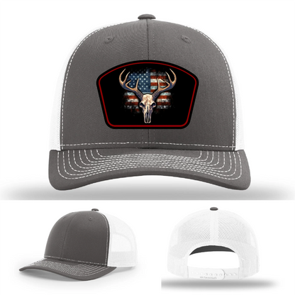 Patriotic Buck Leather Patch Hat Deer Skull and Flag