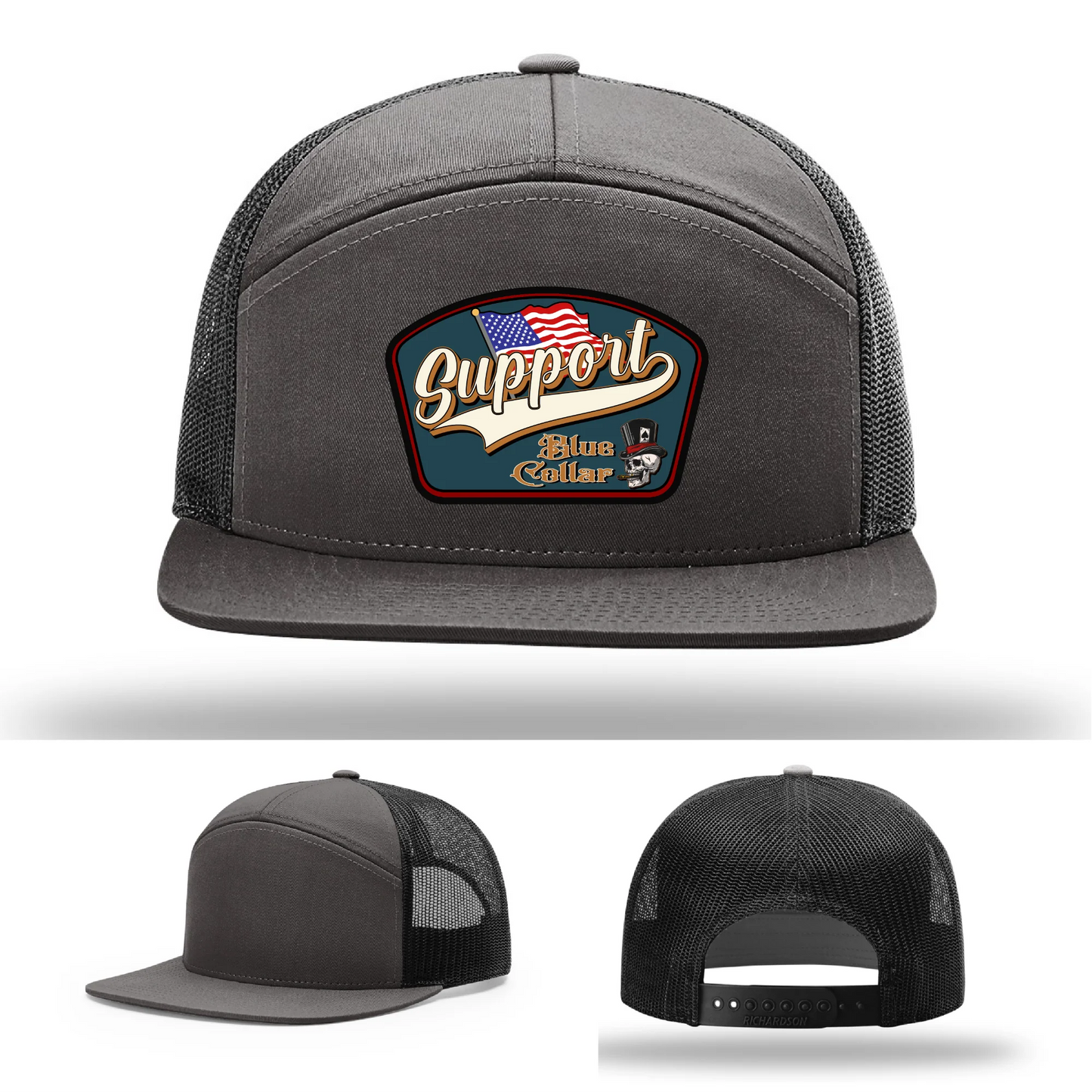 Support Blue Collar Leather Patch Hat American Flag Design