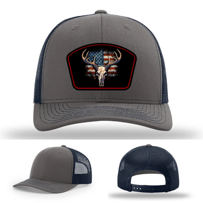 Patriotic Buck Leather Patch Hat Deer Skull and Flag