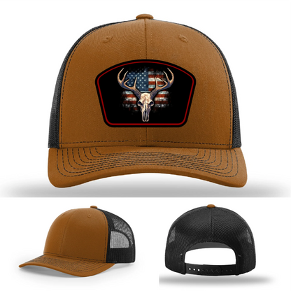 Patriotic Buck Leather Patch Hat Deer Skull and Flag