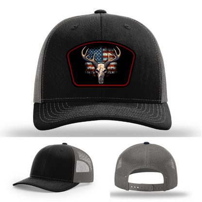 Patriotic Buck Leather Patch Hat Deer Skull and Flag