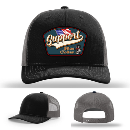 Support Blue Collar Leather Patch Hat American Flag Design
