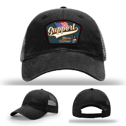 Support Blue Collar Leather Patch Hat American Flag Design