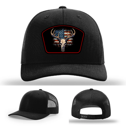 Patriotic Buck Leather Patch Hat Deer Skull and Flag