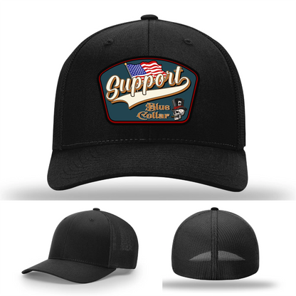 Support Blue Collar Leather Patch Hat American Flag Design
