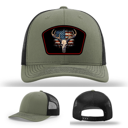 Patriotic Buck Leather Patch Hat Deer Skull and Flag