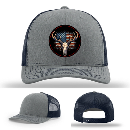 Patriotic Buck II Round Leather Patch Hat Deer Skull and Flag