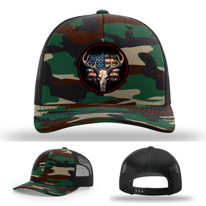 Patriotic Buck II Round Leather Patch Hat Deer Skull and Flag