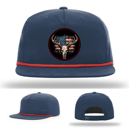 Patriotic Buck II Round Leather Patch Hat Deer Skull and Flag